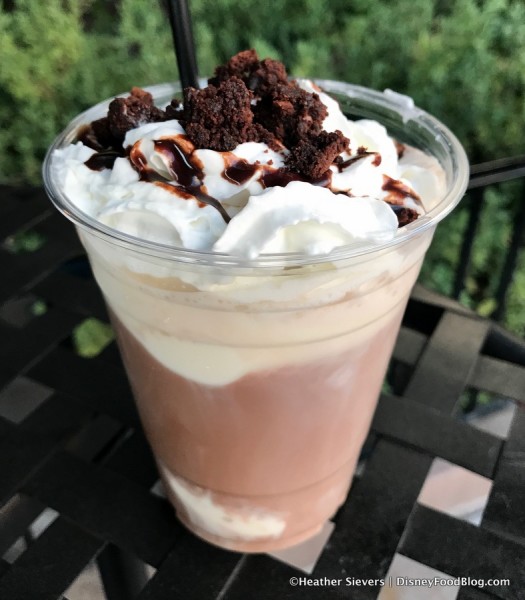Warm Chocolate Float with Whipped Cream and Brownie Crumbles
