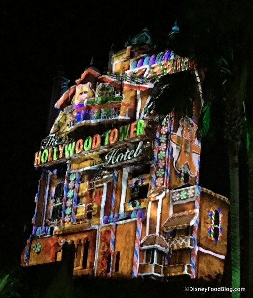 Projections on the Hollywood Tower Hotel during Sunset Seasons Greetings