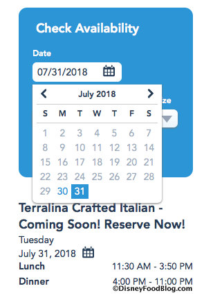 Screenshot of Terralina Crafted Italian page on Disney World website