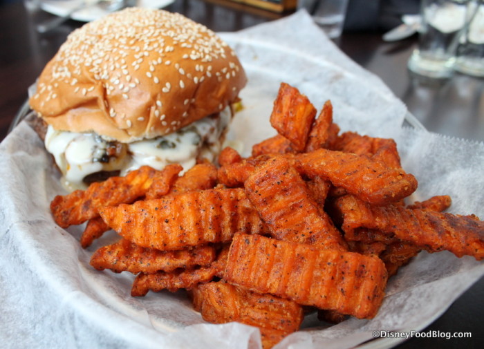 Queso Fundido Burger with Sweet Potato Fries