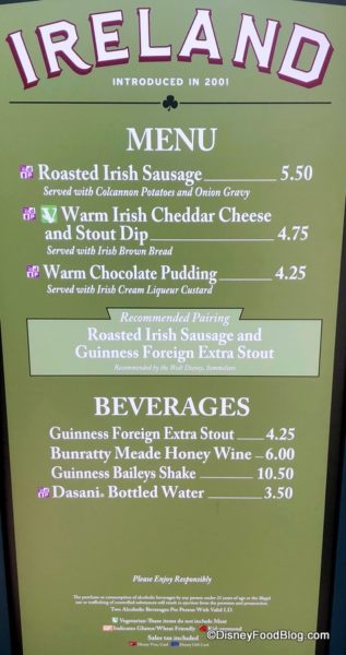 2018 Epcot Food and Wine Festival Ireland Booth Menu