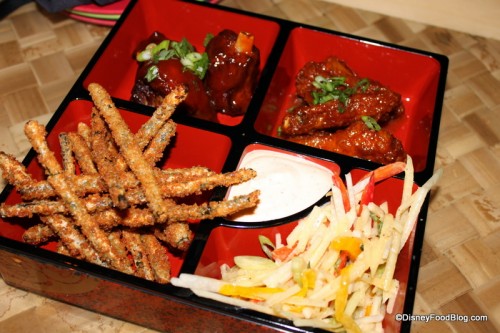 pu pu platter -- tamarind glazed pork wings - asian wings - chinese long beans - green papaya slaw - sriracha aioli
