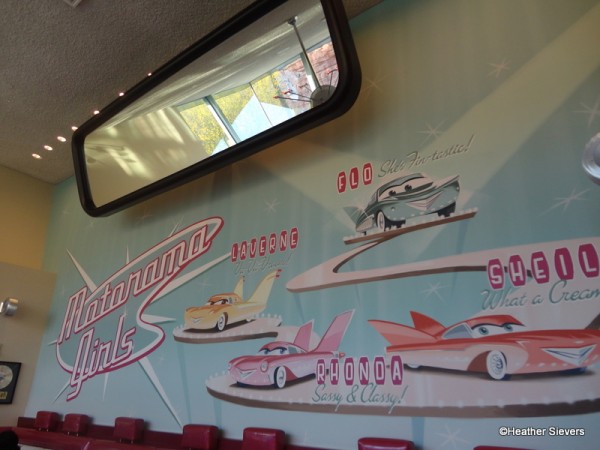 Giant Rear View Mirror & Adorable Moto Rama Girls Mural in Dining Room