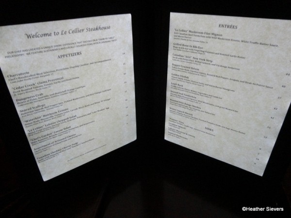Le Cellier Menus are Backlit, Making for Much Easier Reading in the Dark Restaurant