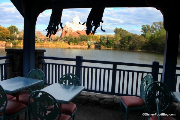 View of Expedition Everest from waterside dining pavilion Flame Tree Barbecue