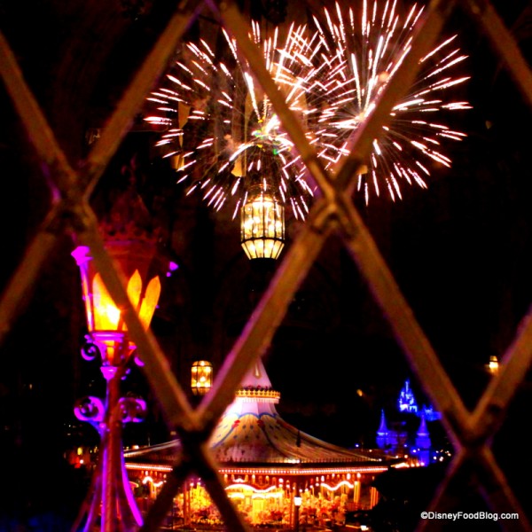 view of fireworks from Cinderella's Royal Table