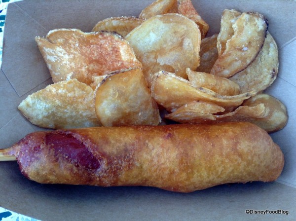 Hand-dipped Corn Dogs Served with Freshly Made Potato Chips