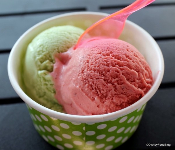 Pistachio on the left, Strawberry and Red Bean on the right