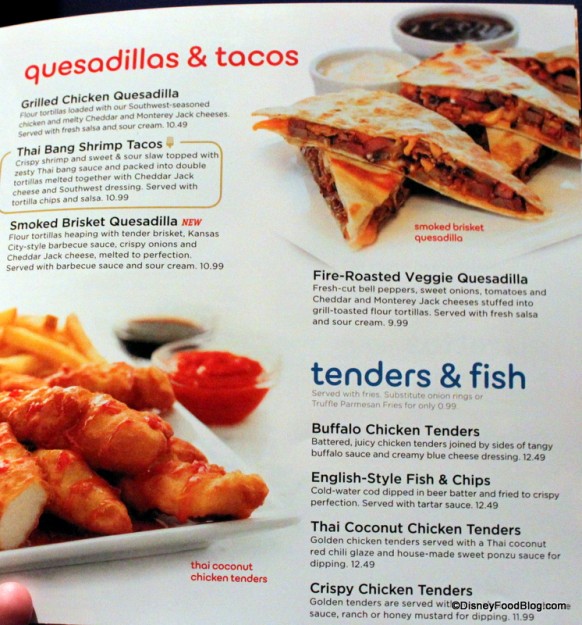Menu -- A Whole Section Devoted to Quesadillas, Tacos, and Tenders & Fish -- Click to Enlarge