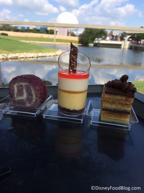 Dessert Trio: Passion fruit coconut creamsicle, blueberry lime cheesecake roll, and chocolate espresso opera cake
