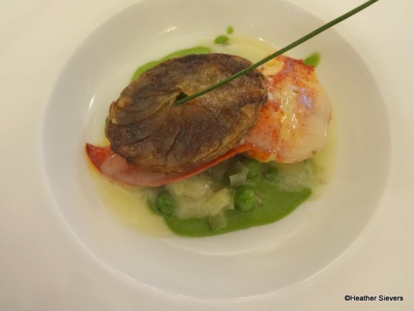 Butter Poached Lobster with Braised Leeks and Minted English Pea Puree