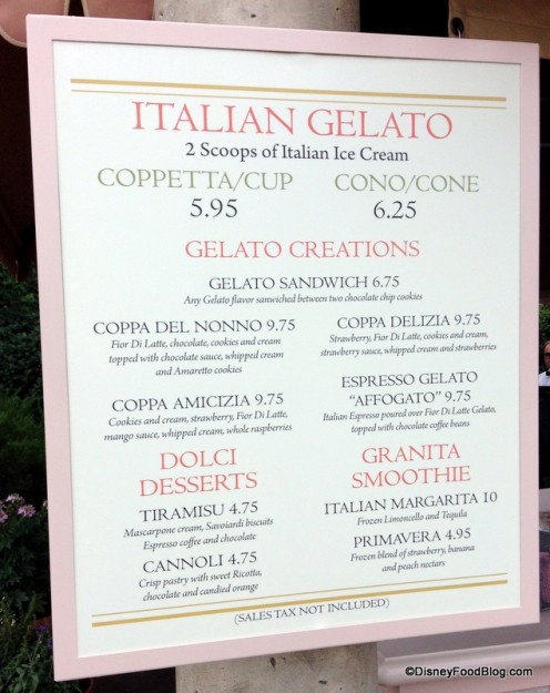 Gelato Stand menu