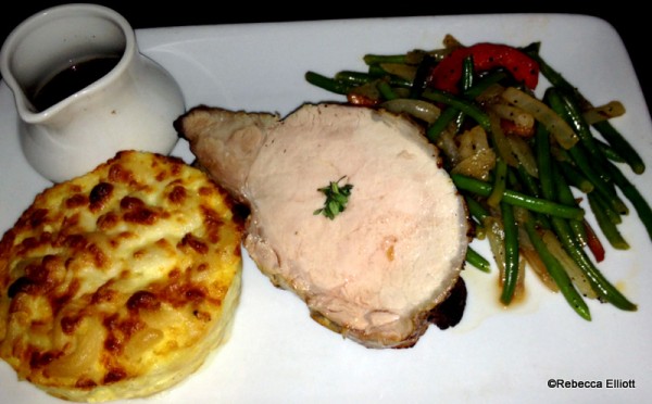 Thyme Scented Pork Rack Chop wit Au Gratin Macaroni, Seasonal Vegetables and Red Wine Jus