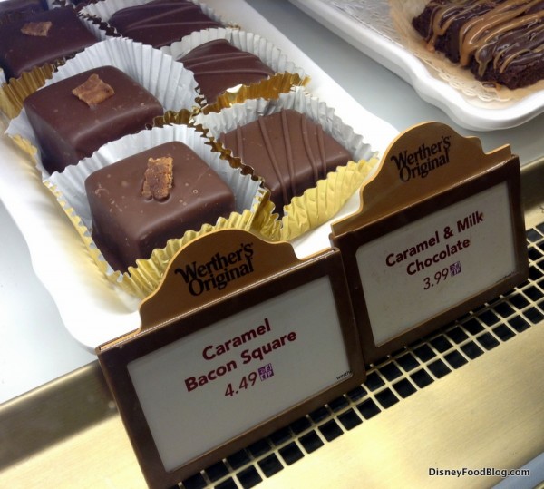 Caramel Bacon Square next to Caramel and Milk Chocolate in bakery case