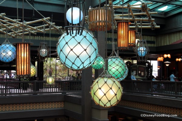 Lighting fixtures hanging over the Polynesian lobby