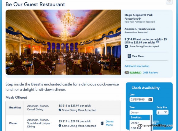Be Our Guest Breakfast Option on Disney World Website