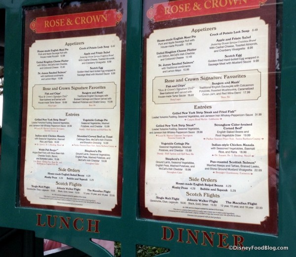 Rose and Crown menu