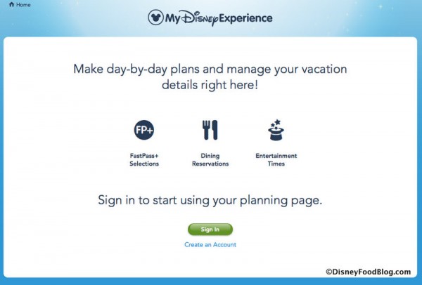 My Disney Experience page on the WDW website