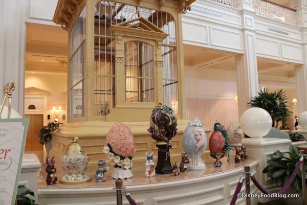 Eggs are on display in various areas throughout the lobby