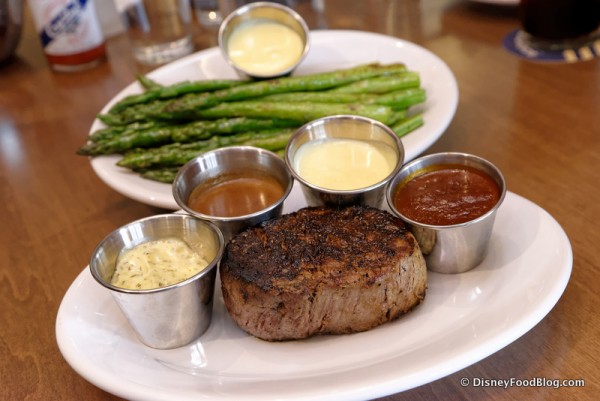 Eight-Ounce Filet Mignon with All of the Sauce Choices and a Side of Asparagus