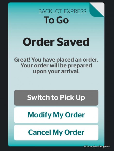 Order Saved screen
