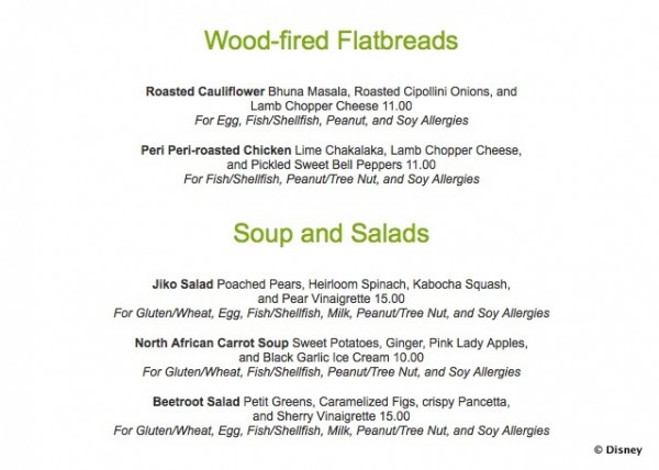 Jiko Allergy-Friendly Menu -- Flatbreads and Soups & Salads -- Click to Enlarge
