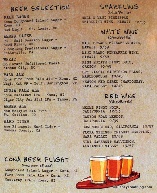 Beer and wine menu