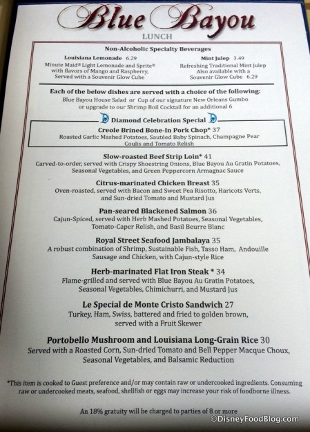 Blue Bayou menu