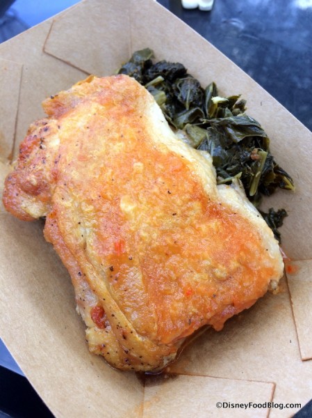 Griddled Yard Bird with Braised Greens and housemade habanero sauce