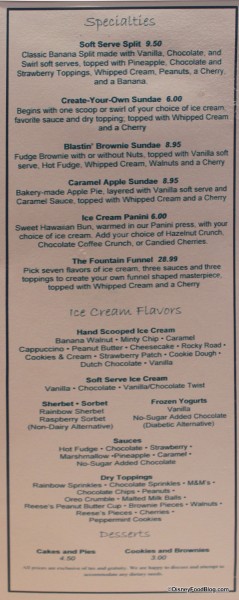 The Fountain Specialties and Ice Cream Flavors Menu