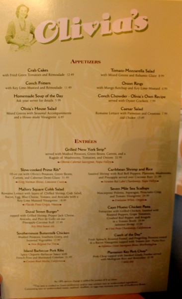 Olivia's menu, October 2015.