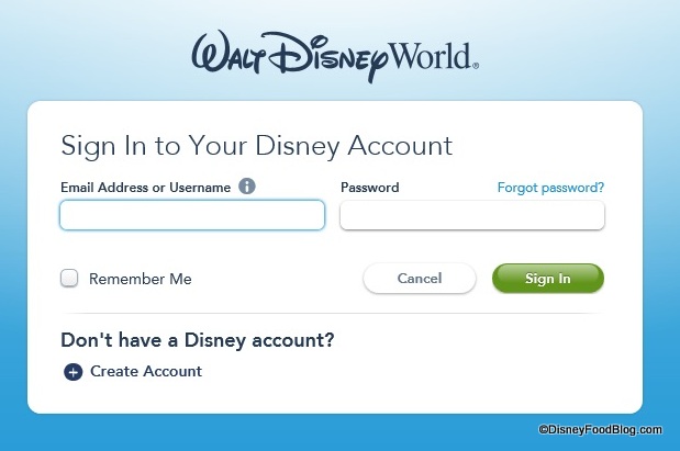 Walt Disney World Account Sign In Screenshot