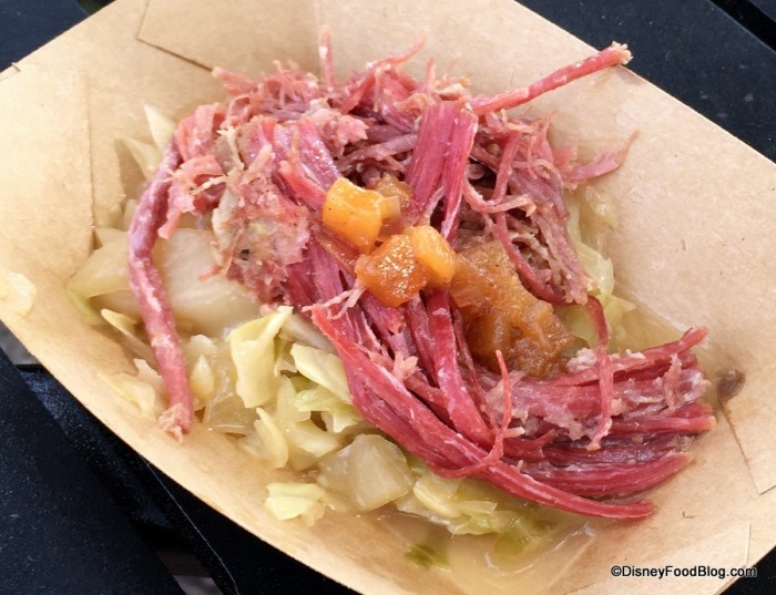 Pear Cider-brined Shredded Corned Beef with Braised Cabbage and Pears and Branston Dressing