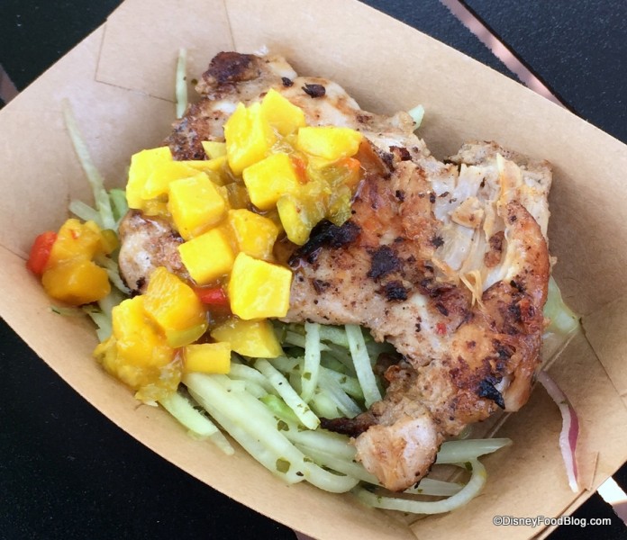 Jerk-spice Chicken with Mango Salsa, Chayote and Green Papaya Slaw with Lime-Cilantro Vinaigrette