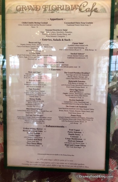 Grand Floridian Cafe Breakfast and Dinner Menu