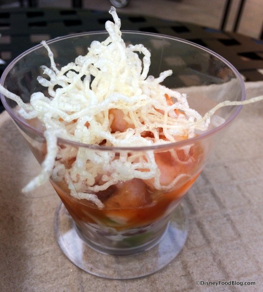 Chilled Papaya Shrimp Salad with chili-garlic vinaigrette and crispy noodles