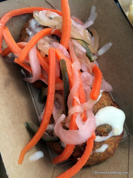 Mini Falafel donuts with pickled vegetables and Tahini drizzle