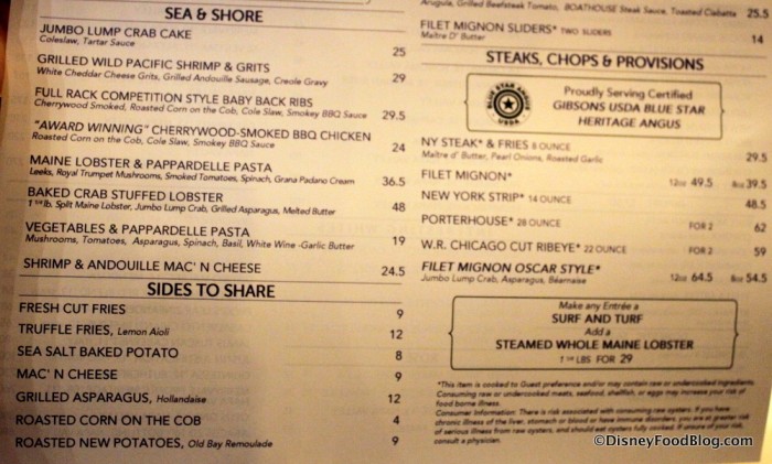 Menu -- Sea & Shore, Steaks & Chops -- Click to Enlarge
