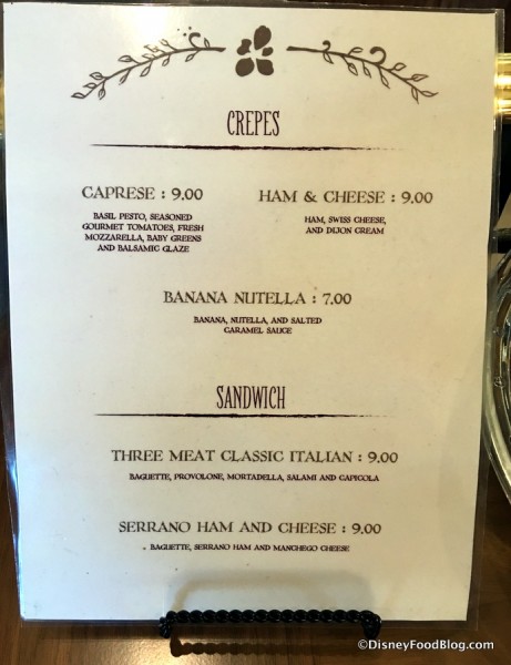 Crepes and Sandwich Menu