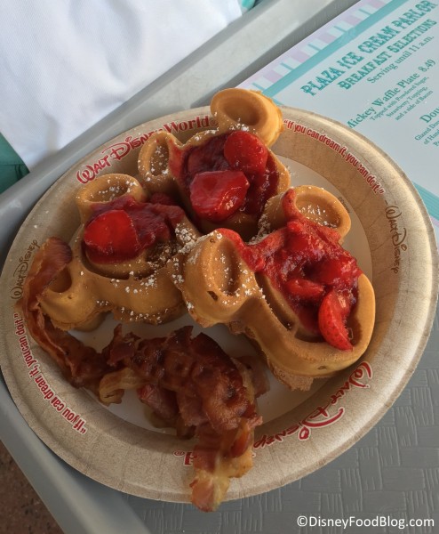Mickey Waffles with Strawberries and Bacon