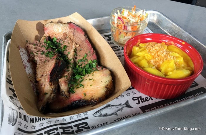 Brisket with slaw and Mac and Cheese