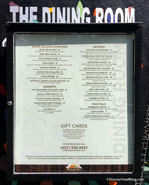 Menu for The Dining Room at Woflgang Puck Cafe