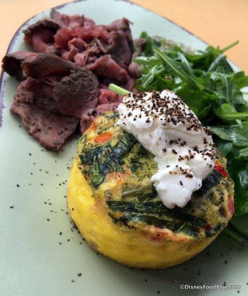 Vegetable-Goat Cheese Frittata with Wood-fired Herb-crusted Beef and Chimichurri