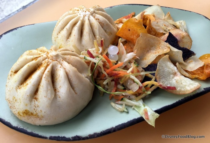 Vegetable Steamed Curry Buns with crunchy slaw and  vegetable chips