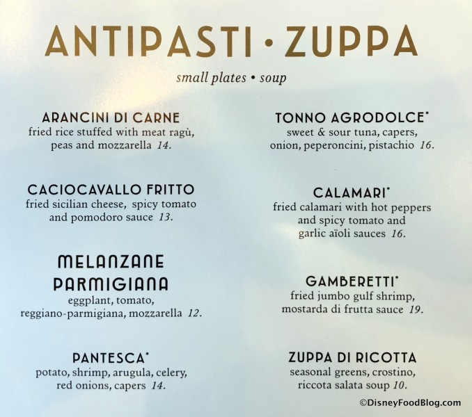 Antipasti and Zuppa Menu