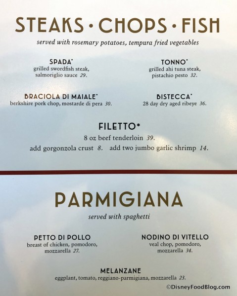 Steaks, Chops and Fish and Parmigiana Menu
