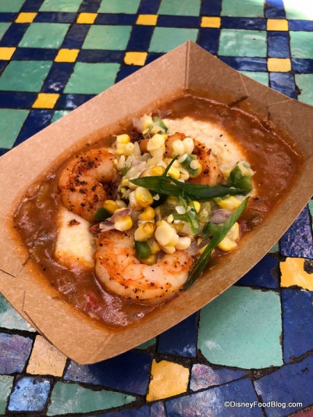 Spicy Blackened Shrimp and Stone-ground Cheddar Cheese Grits with Brown Gravy and Local Sweet Corn Relish