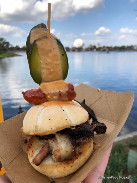 Beef Brisket Burnt Ends and Smoked Pork Belly Slider with Garlic Sausage, Chorizo, Cheddar Fondue and House-made Pickle