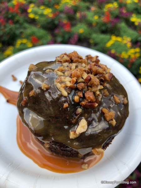 Warm Chocolate Cake with Bourbon Salted Caramel Sauce and Spiced Pecans