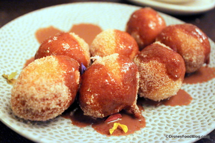 Warm Donuts with Chocolate-Rose Hip Creme Anglaise